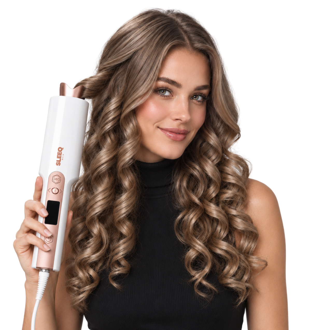 Woman with styled curls holding the curler