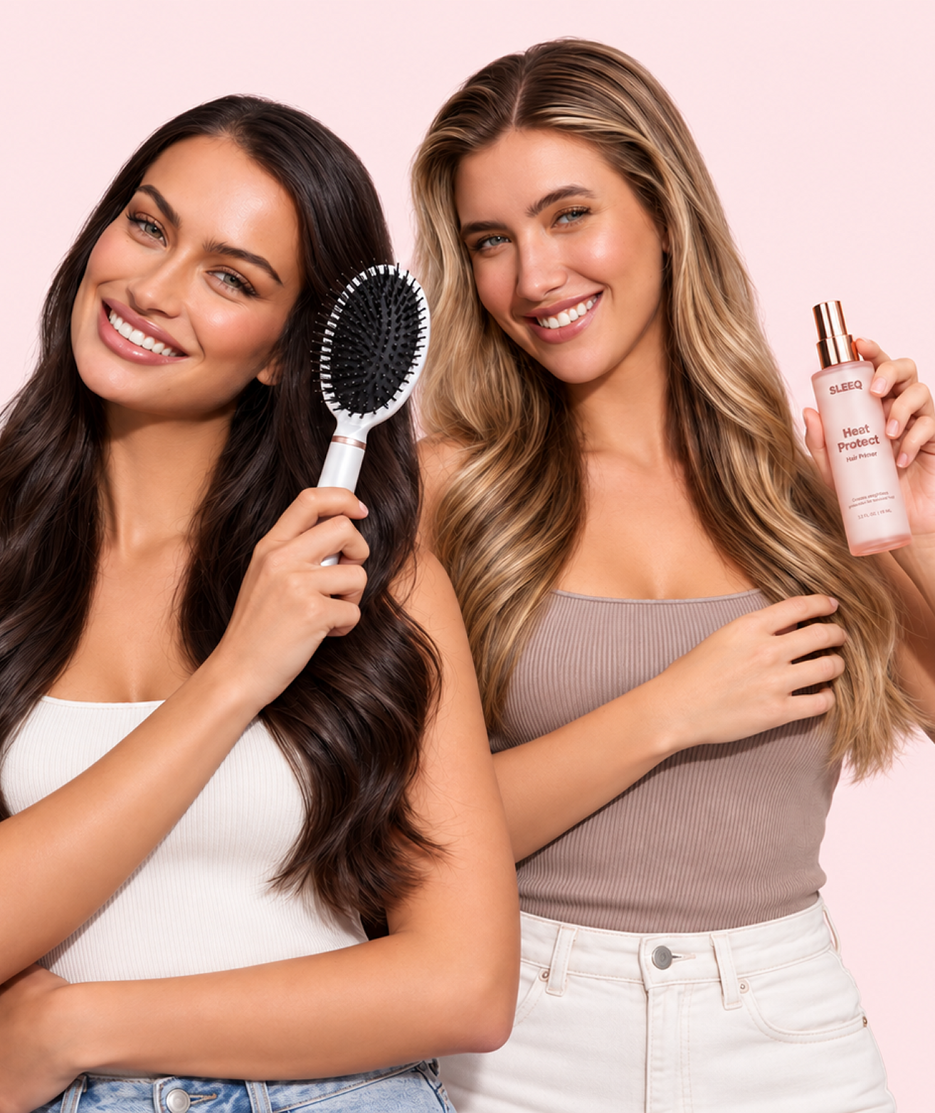 Women holding the SLEEQ brush and hair primer